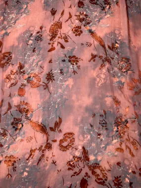 Abstract Printed Floral Burnout Silk Blend Chiffon - Copper Brown / Smokey Teal