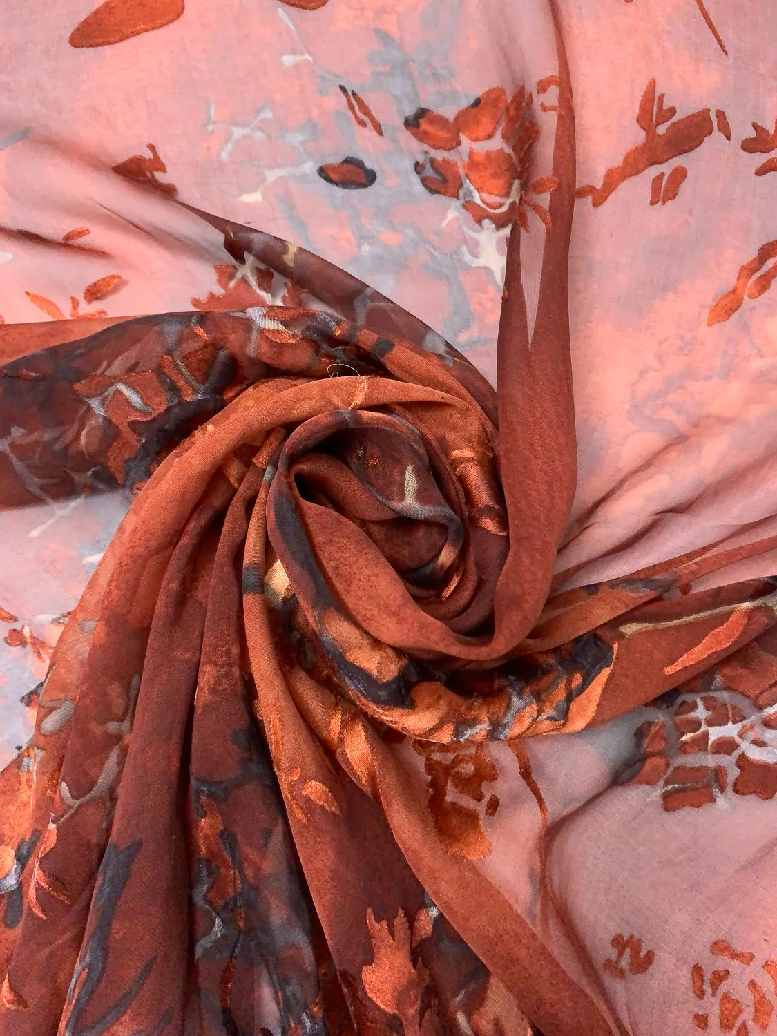 Abstract Printed Floral Burnout Silk Blend Chiffon - Copper Brown / Smokey Teal