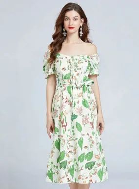 BerryBetty - Bubble Sleeve Waist Slim Green Print Dress