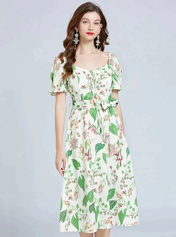 BerryBetty - Bubble Sleeve Waist Slim Green Print Dress