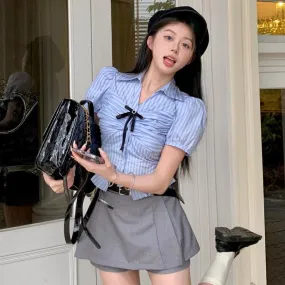 Blue Short Sleeve Striped Shirt Grey Skirt PL53436