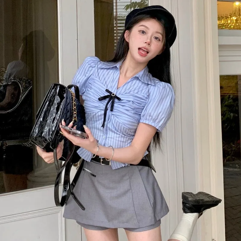 Blue Short Sleeve Striped Shirt Grey Skirt PL53436