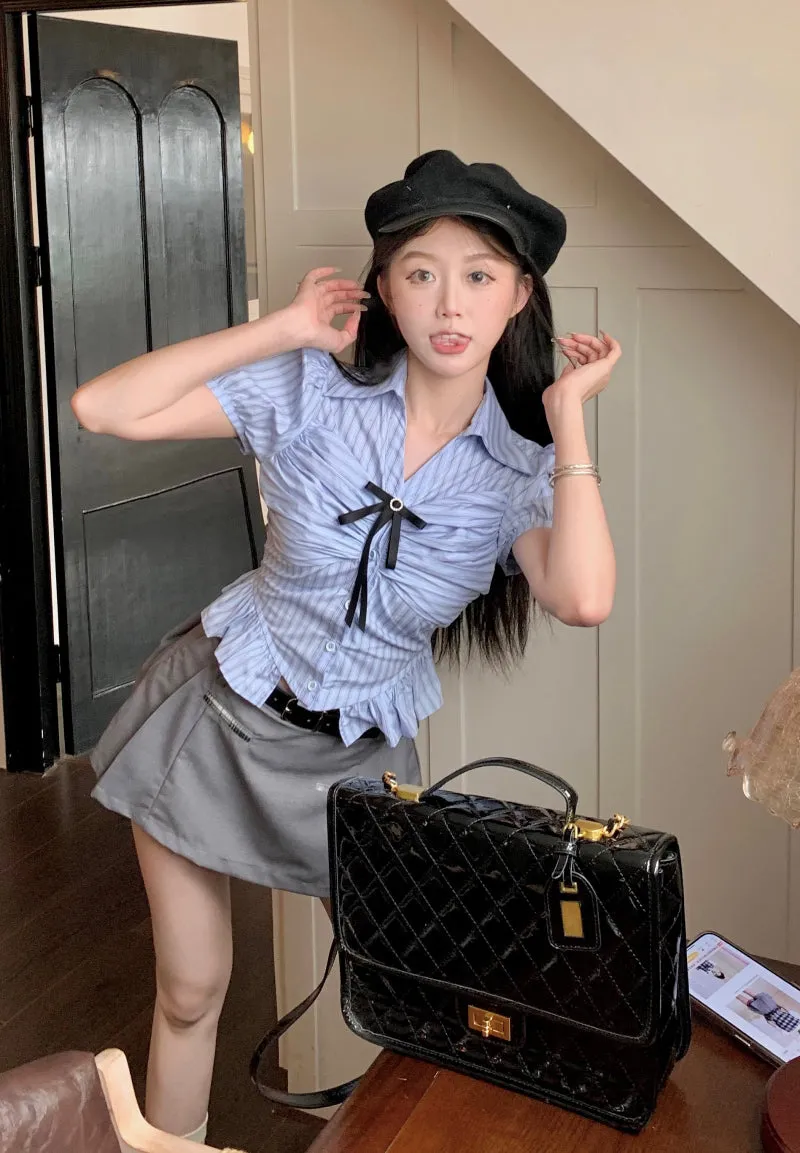 Blue Short Sleeve Striped Shirt Grey Skirt PL53436