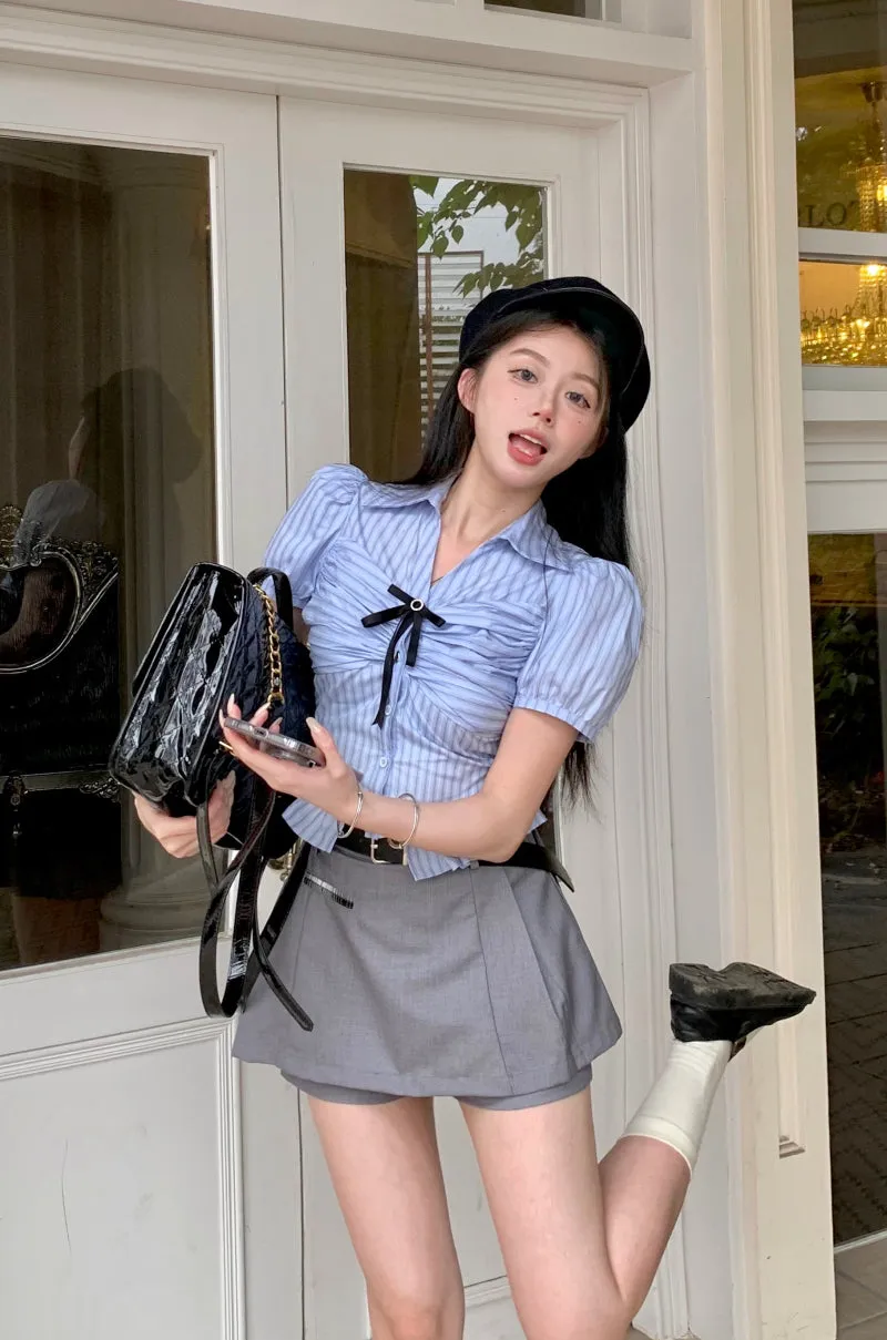 Blue Short Sleeve Striped Shirt Grey Skirt PL53436