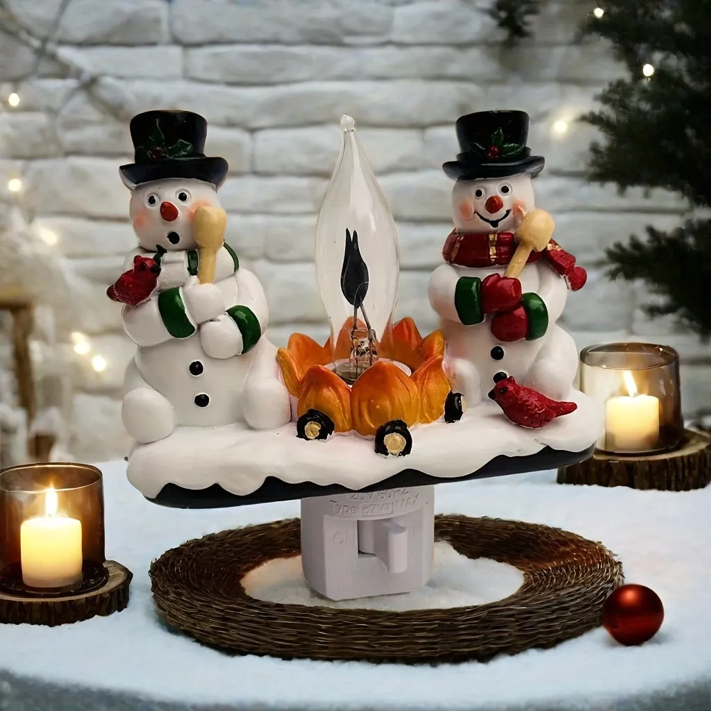 Christmas Snowman Bonfire Flickering Night Light - 3D Flameless Candle Design for Cozy Bedroom Ambiance, Plug-In Resin Decor