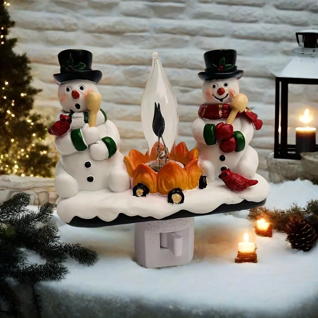 Christmas Snowman Bonfire Flickering Night Light - 3D Flameless Candle Design for Cozy Bedroom Ambiance, Plug-In Resin Decor