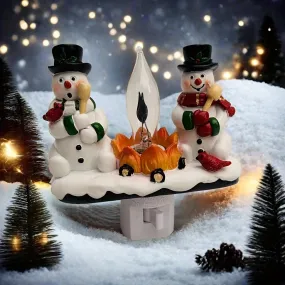 Christmas Snowman Bonfire Flickering Night Light - 3D Flameless Candle Design for Cozy Bedroom Ambiance, Plug-In Resin Decor