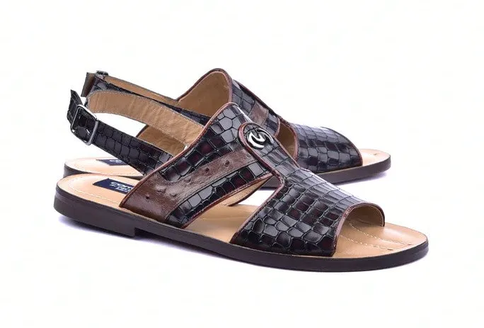 Corrente Crocodile Printed Calfskin Sandal Brown