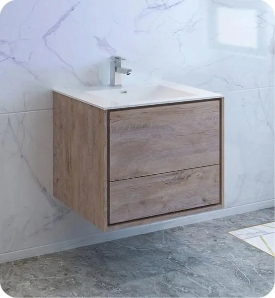 Fresca Catania 30 Rustic Natural Wood Wall Hung Modern Bathroom Cabinet w/ Integrated Sink | FCB9230RNW-I