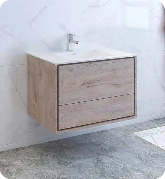 Fresca Catania 36 Rustic Natural Wood Wall Hung Modern Bathroom Cabinet w/ Integrated Sink | FCB9236RNW-I