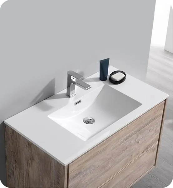 Fresca Catania 36 Rustic Natural Wood Wall Hung Modern Bathroom Cabinet w/ Integrated Sink | FCB9236RNW-I