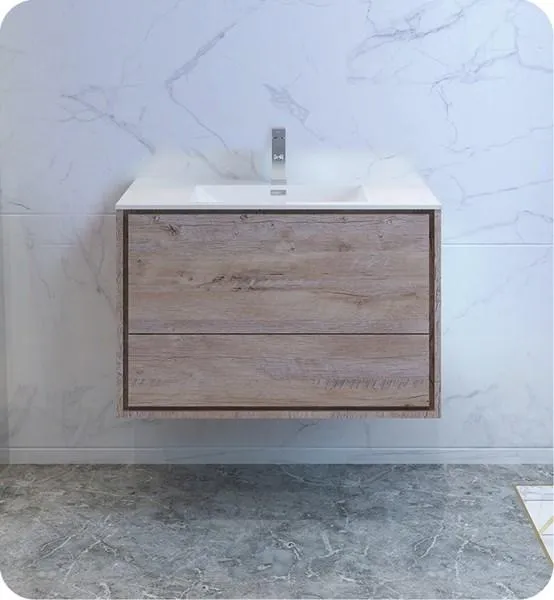 Fresca Catania 36 Rustic Natural Wood Wall Hung Modern Bathroom Cabinet w/ Integrated Sink | FCB9236RNW-I