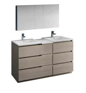 Fresca Lazzaro 60 Gray Wood Double Sink Bath Vanity Set w/ Cabinet & Faucet