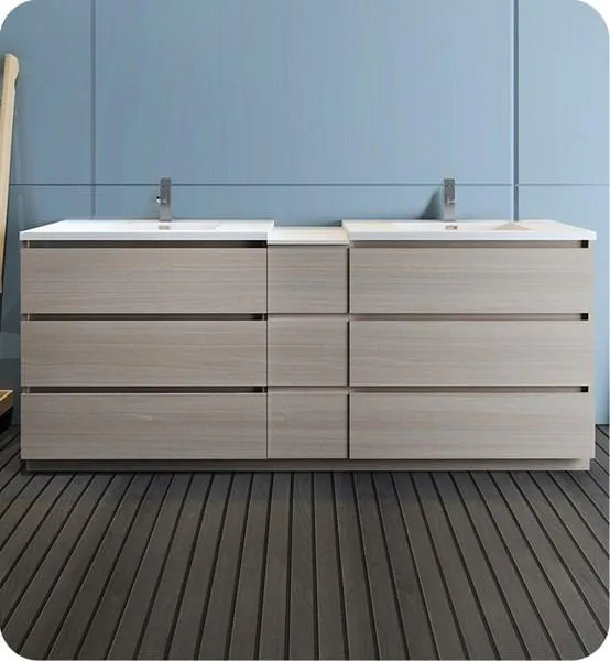 Fresca Lazzaro 84 Gray Wood Free Standing Double Sink Modern Bathroom Cabinet w/ Integrated Sinks | FCB93-361236MGO-D-I