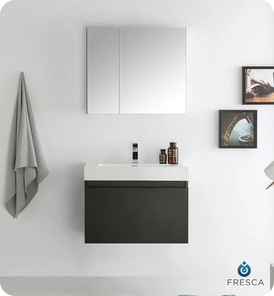 Fresca Mezzo 30 Black Wall Hung Modern Bathroom Vanity w/ Medicine Cabinet | FVN8007BW