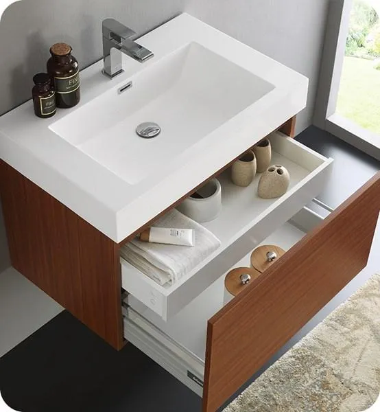 Fresca Mezzo 30 Teak Wall Hung Modern Bathroom Cabinet w/ Integrated Sink | FCB8007TK-I