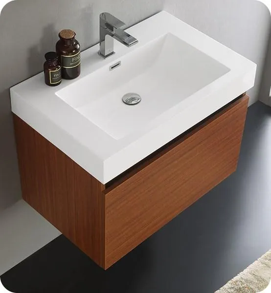 Fresca Mezzo 30 Teak Wall Hung Modern Bathroom Cabinet w/ Integrated Sink | FCB8007TK-I