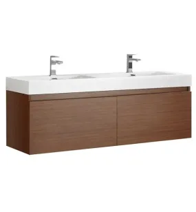 Fresca Mezzo 60 Teak Wall Hung Double Sink Modern Bathroom Cabinet w/ Integrated Sink | FCB8042TK-I