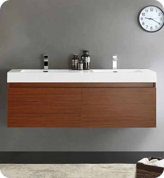 Fresca Mezzo 60 Teak Wall Hung Double Sink Modern Bathroom Cabinet w/ Integrated Sink | FCB8042TK-I