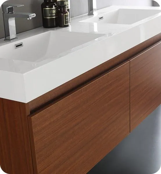 Fresca Mezzo 60 Teak Wall Hung Double Sink Modern Bathroom Cabinet w/ Integrated Sink | FCB8042TK-I