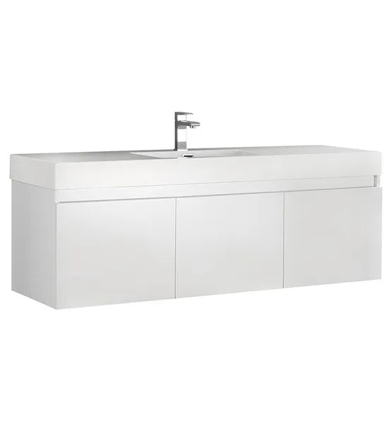 Fresca Mezzo 60 White Wall Hung Single Sink Modern Bathroom Cabinet w/ Integrated Sink | FCB8041WH-I