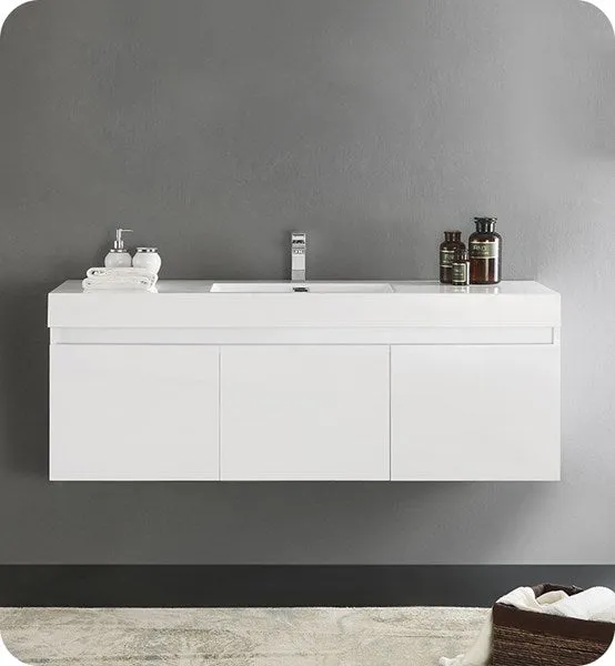 Fresca Mezzo 60 White Wall Hung Single Sink Modern Bathroom Cabinet w/ Integrated Sink | FCB8041WH-I