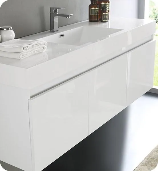 Fresca Mezzo 60 White Wall Hung Single Sink Modern Bathroom Cabinet w/ Integrated Sink | FCB8041WH-I