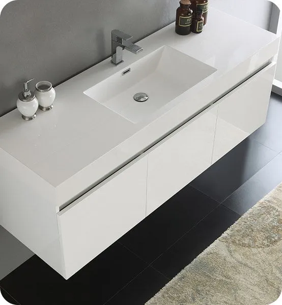 Fresca Mezzo 60 White Wall Hung Single Sink Modern Bathroom Cabinet w/ Integrated Sink | FCB8041WH-I