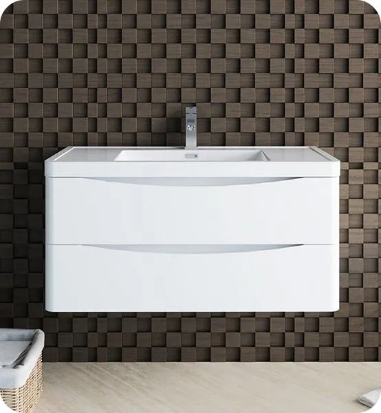 Fresca Tuscany 40 Glossy White Wall Hung Modern Bathroom Cabinet w/ Integrated Sink | FCB9040WH-I