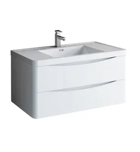 Fresca Tuscany 40 Glossy White Wall Hung Modern Bathroom Cabinet w/ Integrated Sink | FCB9040WH-I