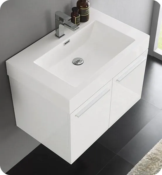 Fresca Vista 30 White Wall Hung Modern Bathroom Cabinet w/ Integrated Sink | FCB8089WH-I