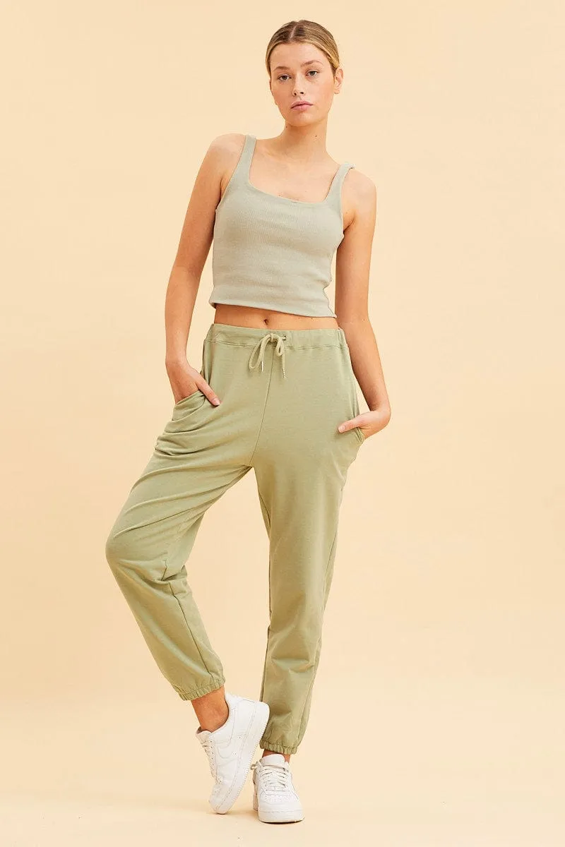 Green Lounge Pant Cotton Terry Stretch Drawstring Waist