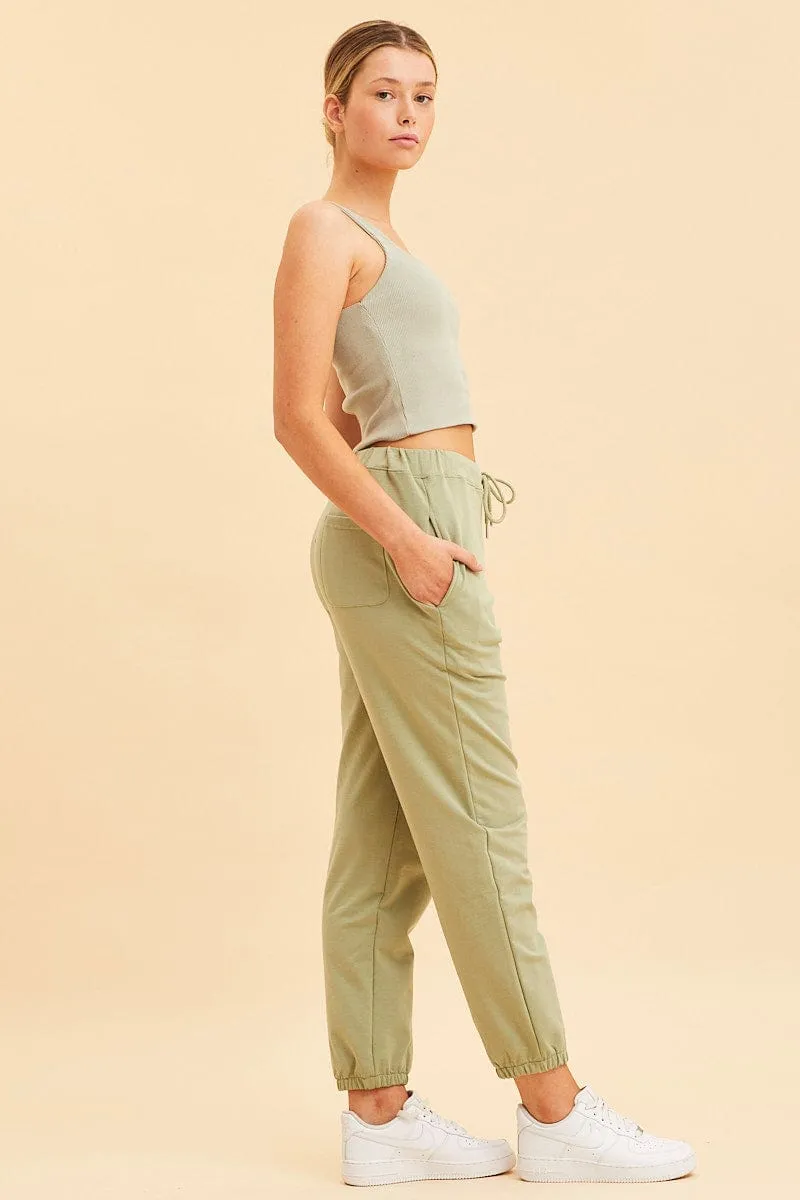 Green Lounge Pant Cotton Terry Stretch Drawstring Waist