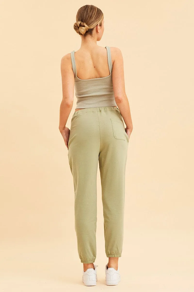 Green Lounge Pant Cotton Terry Stretch Drawstring Waist