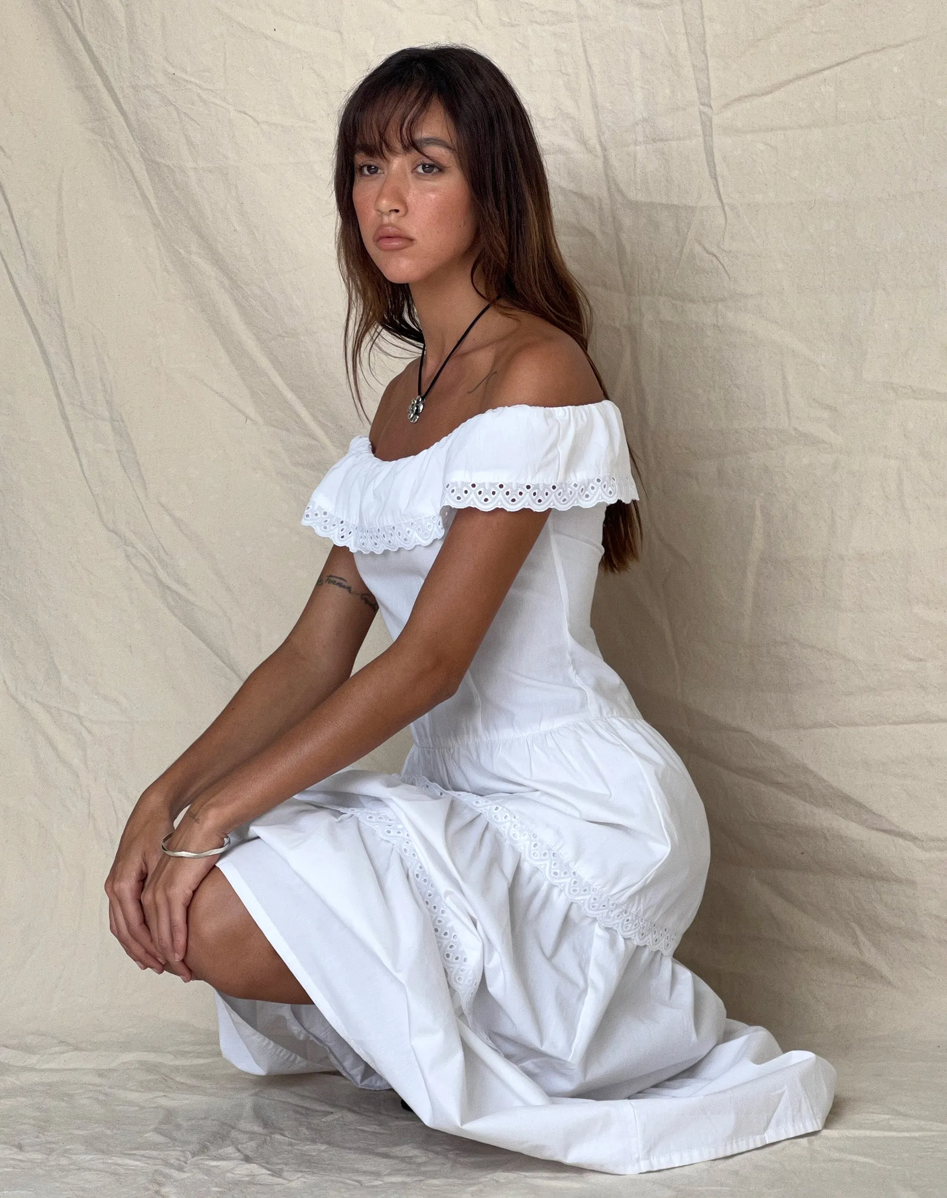 Helpa Tiered Bardot Maxi Dress in White