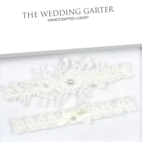 Ivory Lace & Pearl Wedding Garter Set With Floral Applique