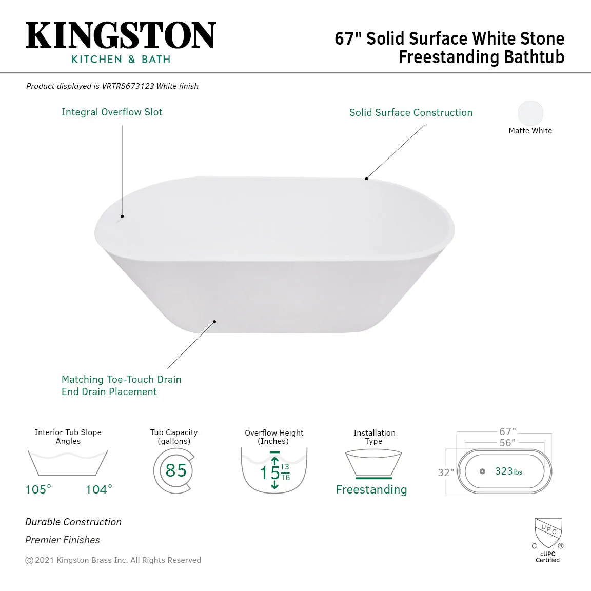 Kingston Brass VRTRS673123 67 Solid Surface Oval Double Ended Freestanding Tub with Drain, Matte White