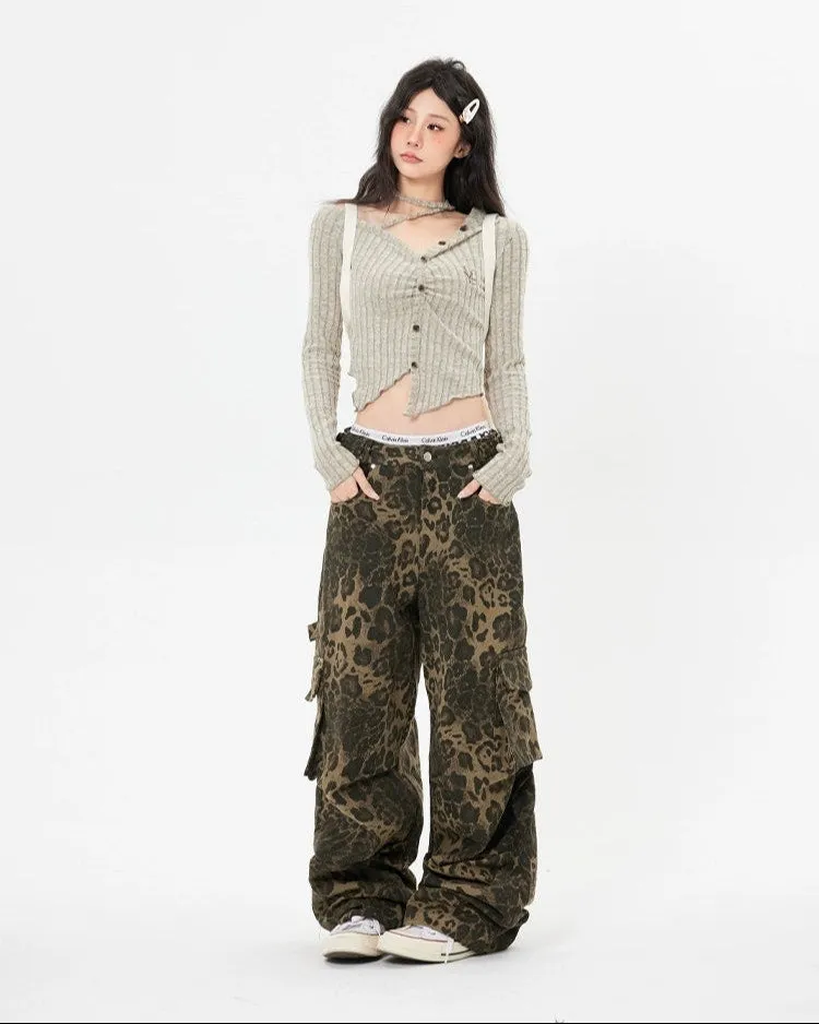 Leopard Print Cargo Pocket Wide Leg Pants