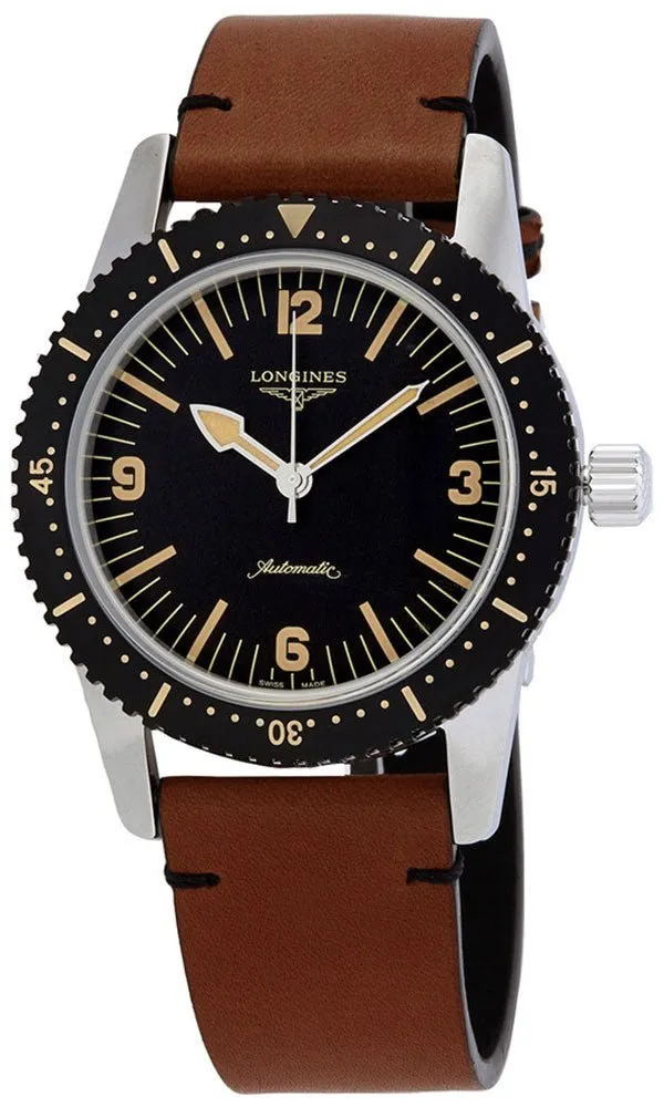 Longines Heritage Skin Diver Automatic Stainless Steel Black Dial Brown Leather Strap Mens Watch L2.822.4.56.2