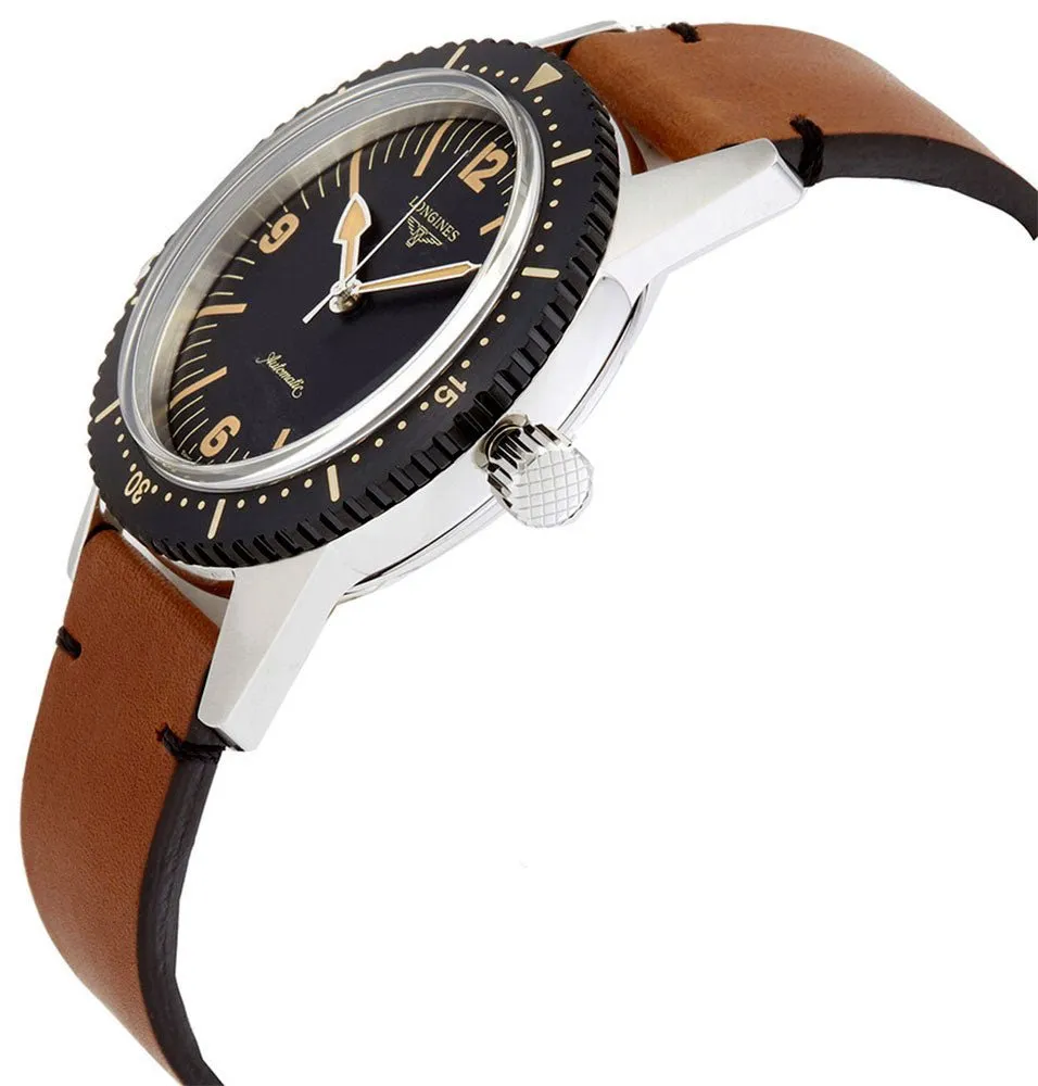 Longines Heritage Skin Diver Automatic Stainless Steel Black Dial Brown Leather Strap Mens Watch L2.822.4.56.2