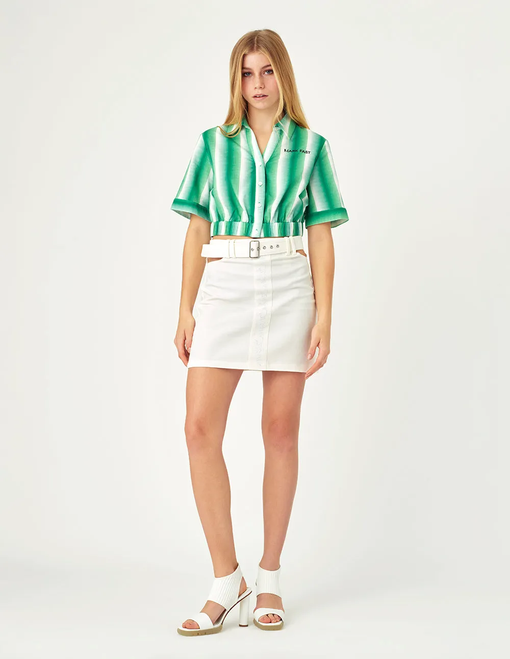 MARK FAST Green white striped print top