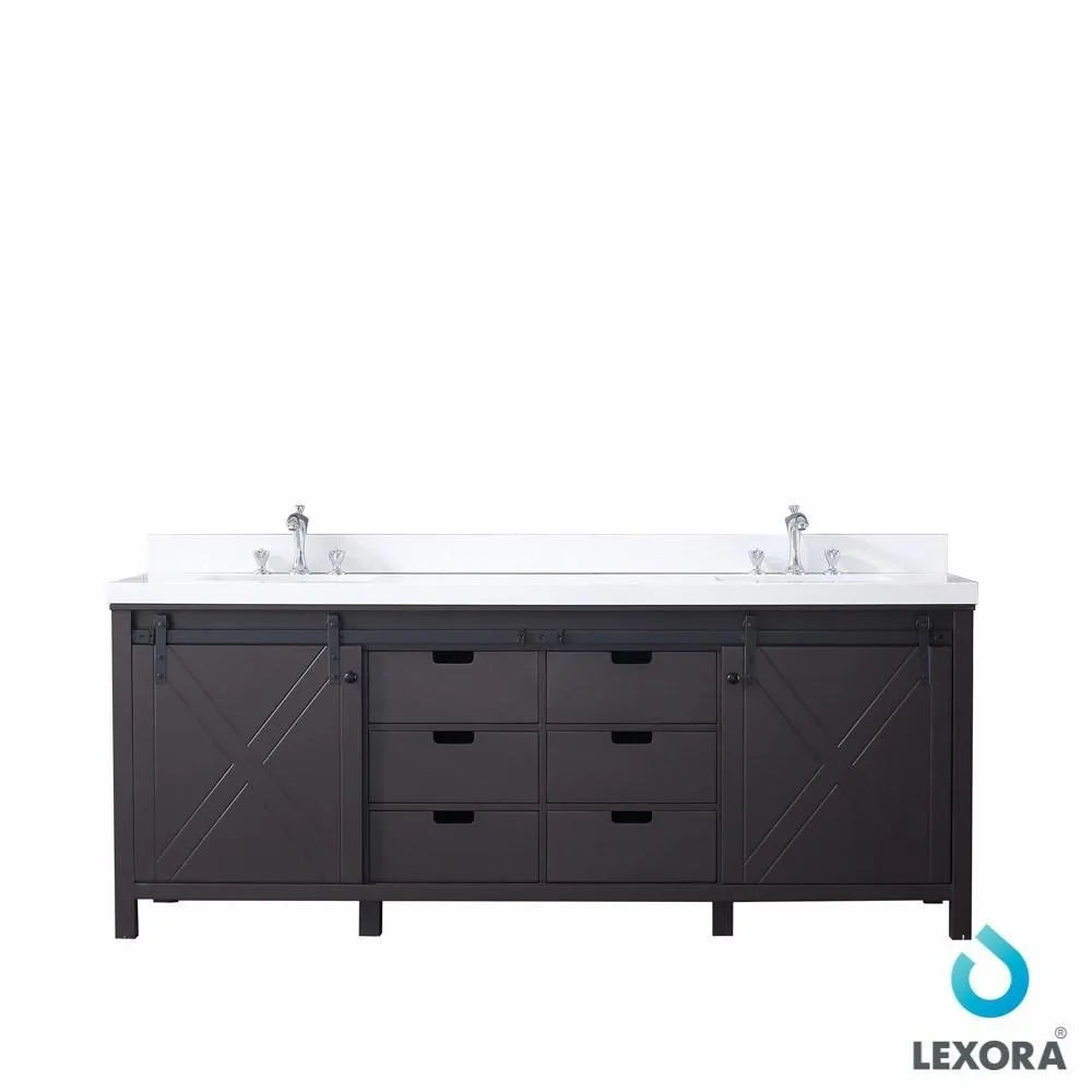 Marsyas 84 Brown Double Vanity | White Quartz Top | White Square Sinks and no Mirror