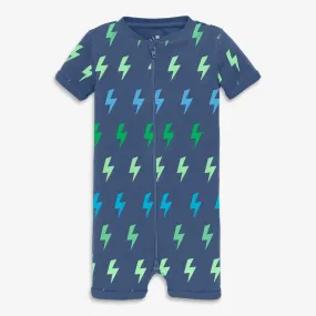 Organic short sleeve zip romper in bolts