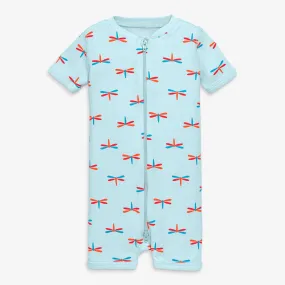 Organic short sleeve zip romper in dragonflies