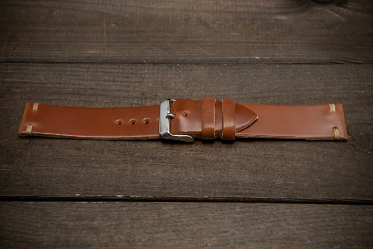 Shell Cordovan Cognac leather watch strap, handmade in Finland. Width 10-26 mm.