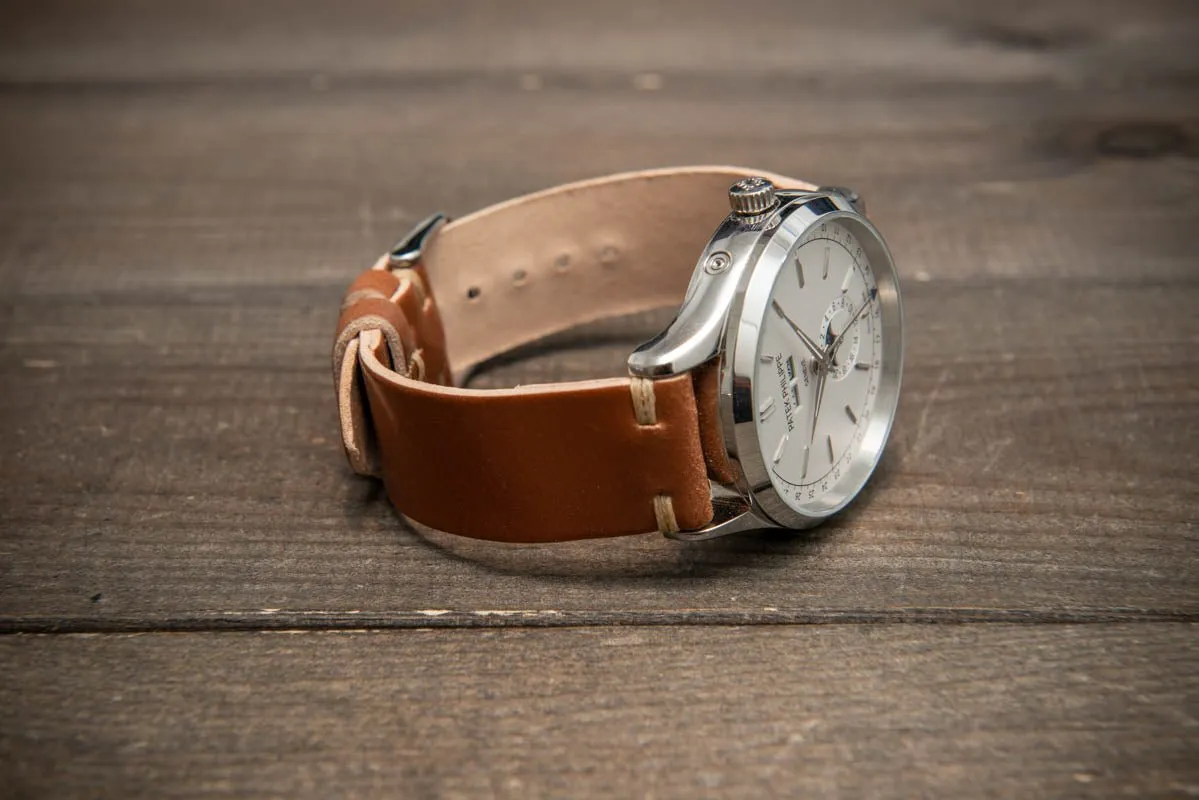 Shell Cordovan Cognac leather watch strap, handmade in Finland. Width 10-26 mm.