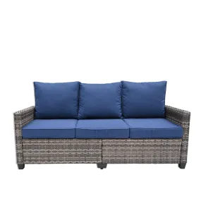 TARKARI All Weather Wicker Patio Couch, 3 Seats Patio Sofa with High Curvy Back, Premium Outdoor Sofa with Brown Wicker and Thick Cushions for Garden, Backyard, Porch, Blue